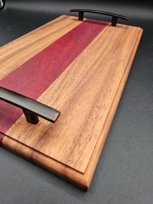 Handcrafted Purpleheart and Koko Wood Charcuterie Board with Curved Bronze Handles - 8&quot;x13.5&quot; - Personalized Engraving Available