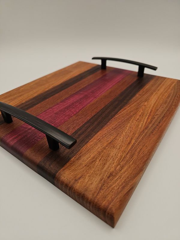 Purpleheart, Brazilian Cherry, Black Walnut Edge Grain Charcuterie Board - 9.5&quot;x10.5&quot; with Curved Bronze Handles