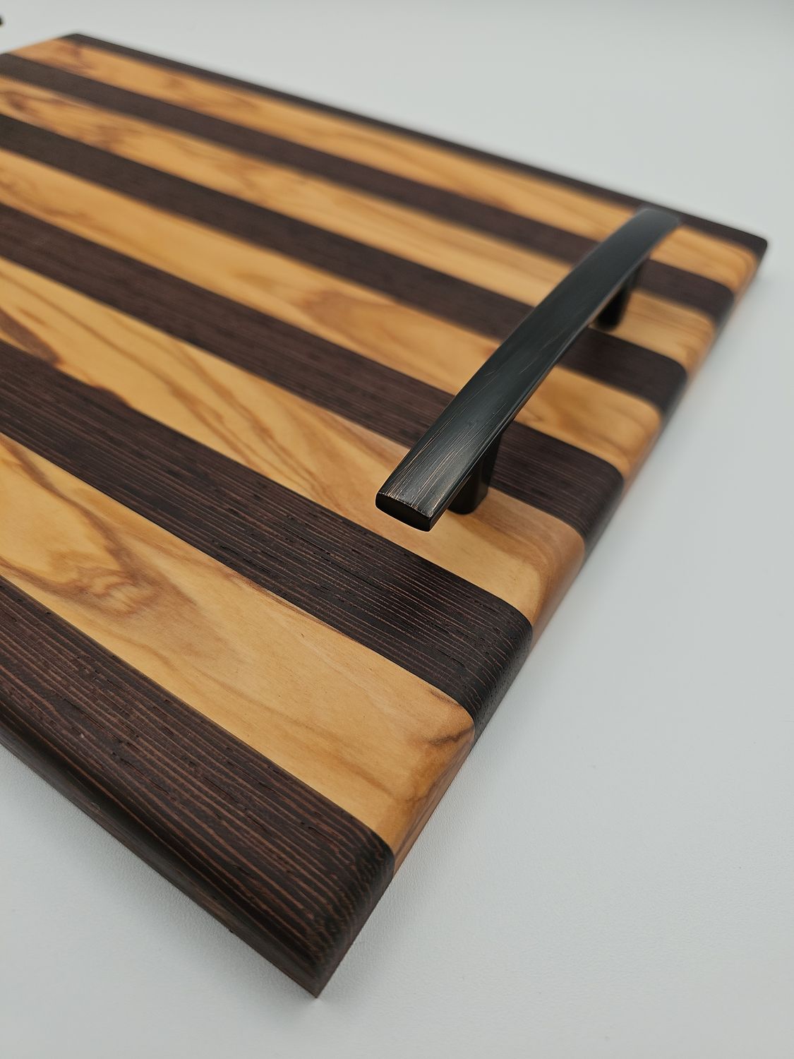 Olivewood and Wenge Edge Grain Charcuterie Cutting Board with bronze handles - 10&quot;x12.5&quot;