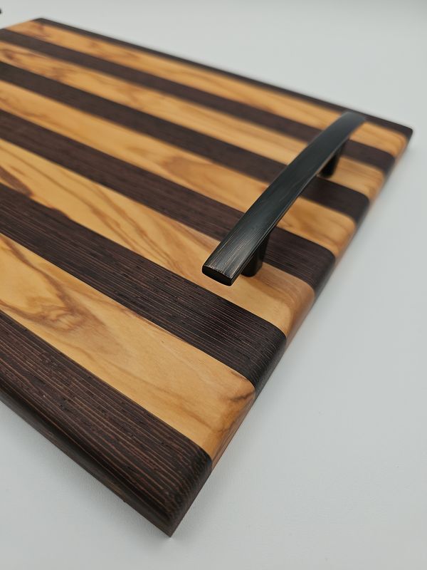 Olivewood and Wenge Edge Grain Charcuterie Cutting Board with bronze handles - 10&quot;x12.5&quot;
