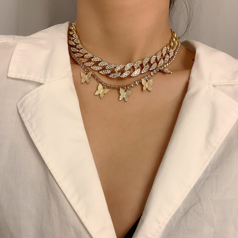 Diamond Cuban Buckle Butterfly Necklace