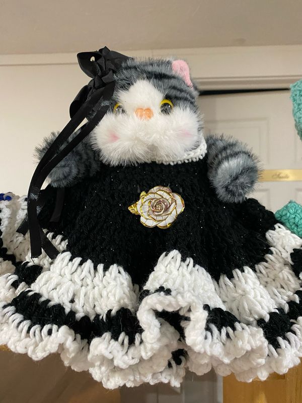 Kitty Cat In Black And White Crochet Dress