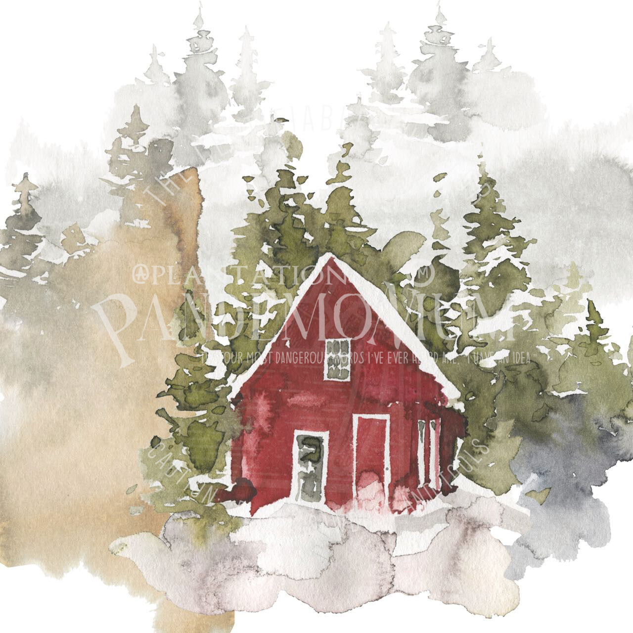 Little Red Cabin Winter Watercolor Wall Art