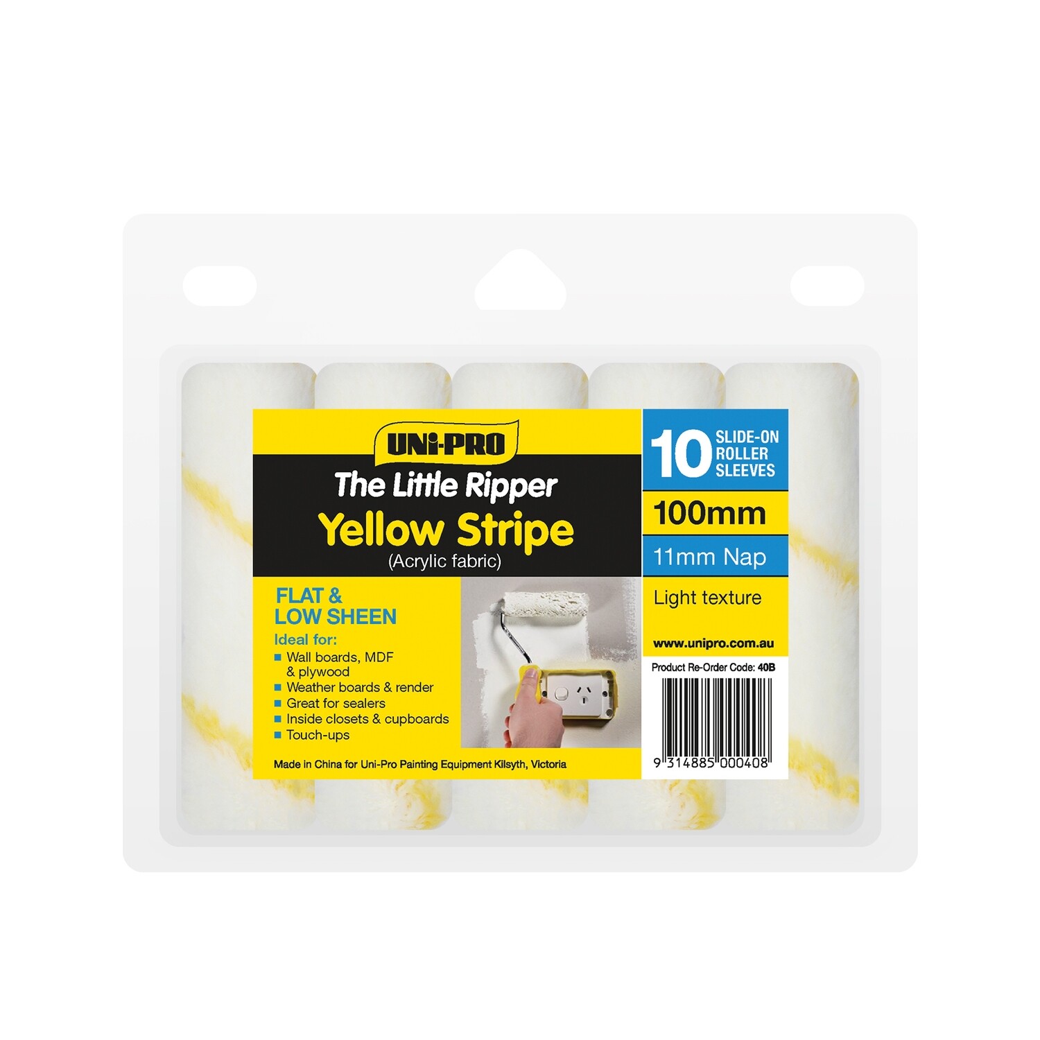 Little Ripper 100mm Roller Covers 10 pk, Cover: Yellow Stripe Fabric Covers 10 Pack 11mm Nap., Pickup/Delivery: Pick up from AACI at Hemmant