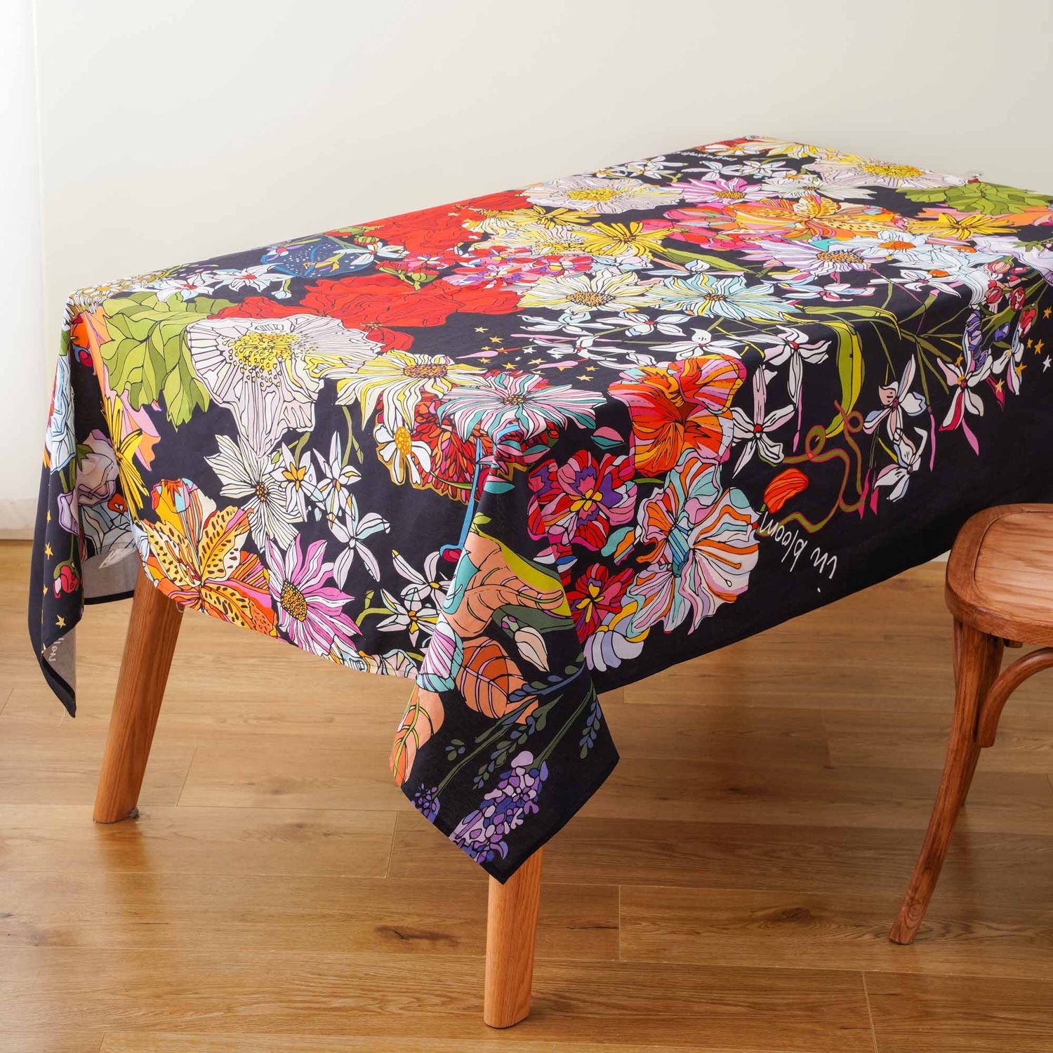 &#39;In Bloom - Midnight&#39; round cotton linen tablecloth