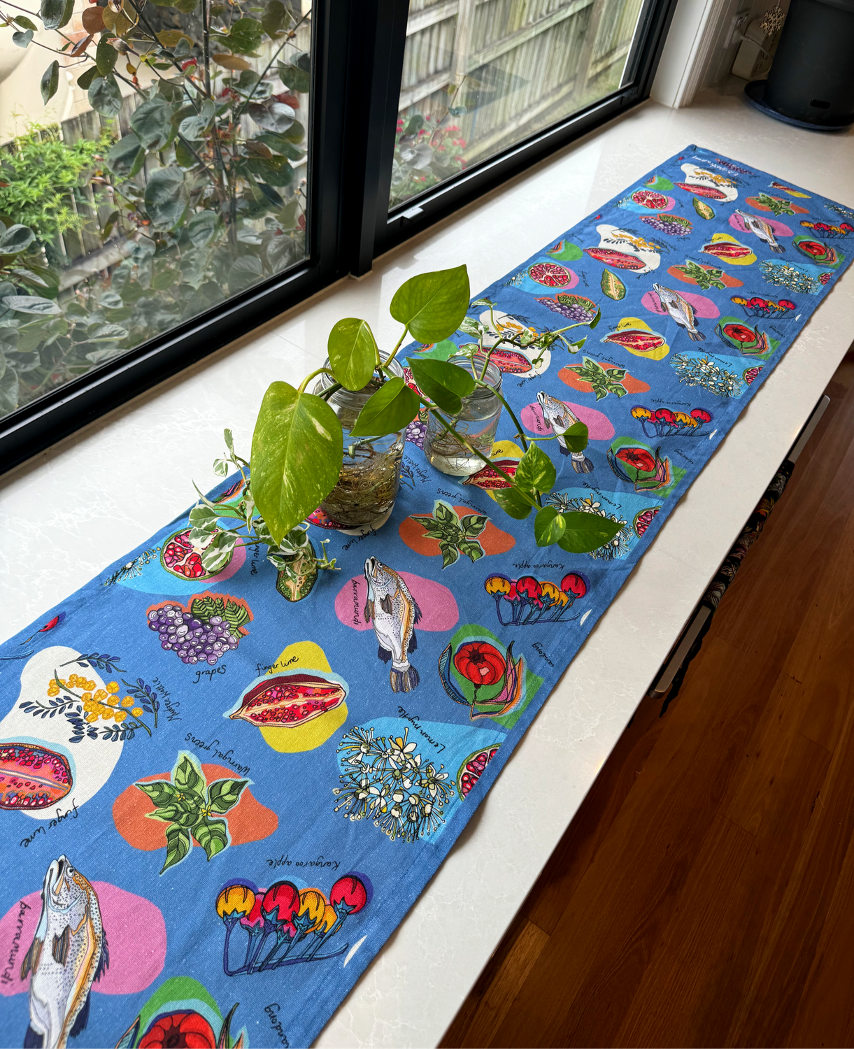 &#39;Home Grown&#39; table runner in Mediterranean blue