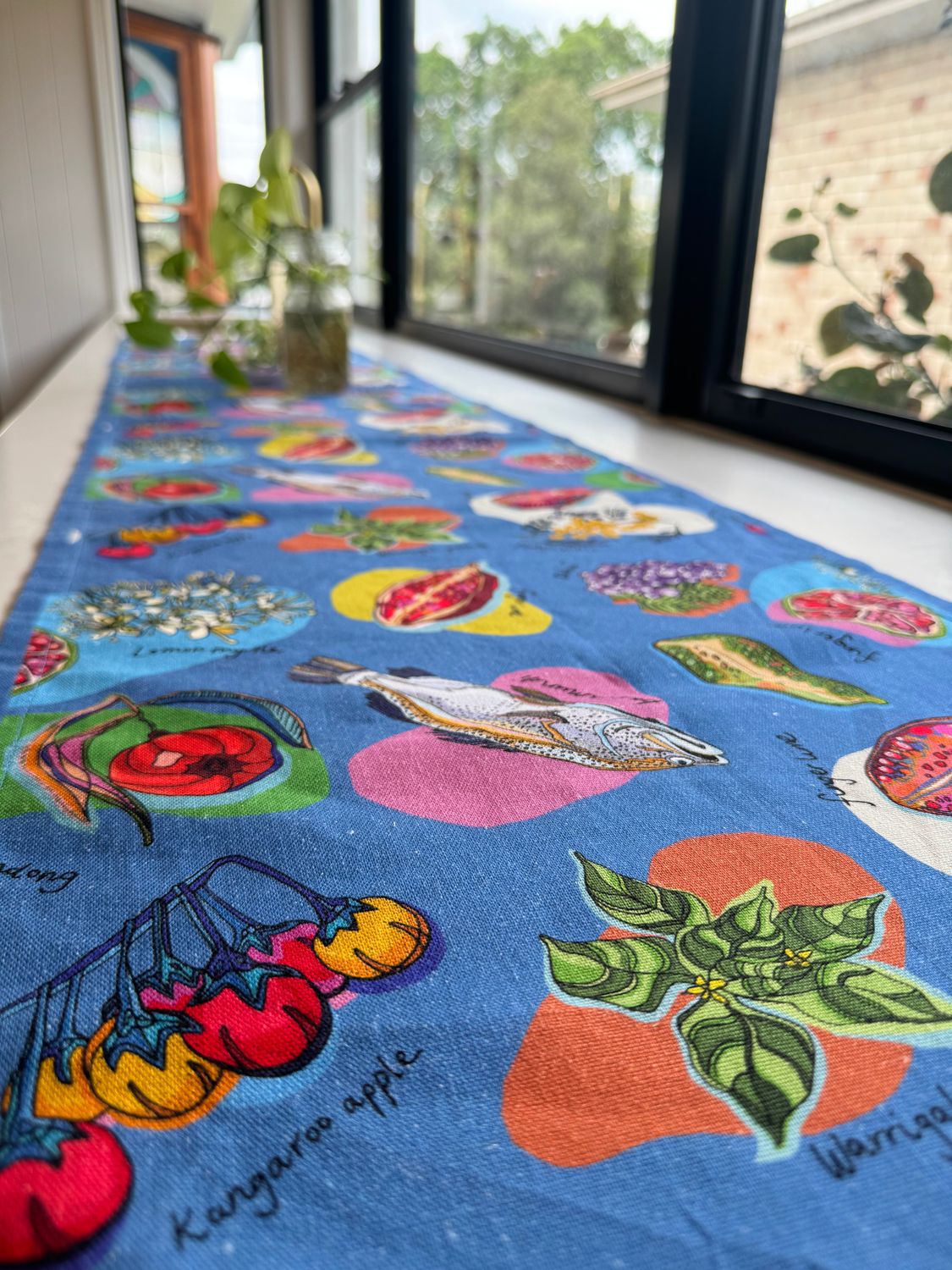 'Home Grown' table runner in Mediterranean blue
