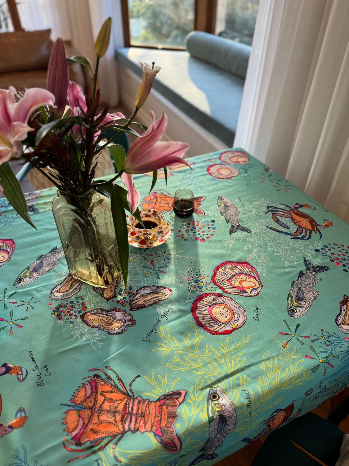 Le Fishy Blue cotton linen tablecloth