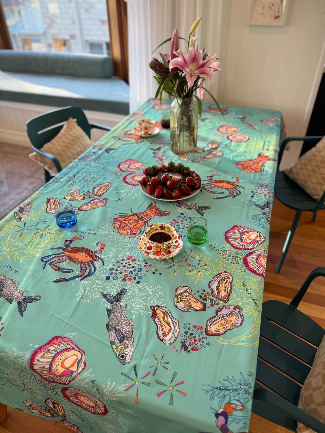 Le Fishy Blue cotton linen tablecloth