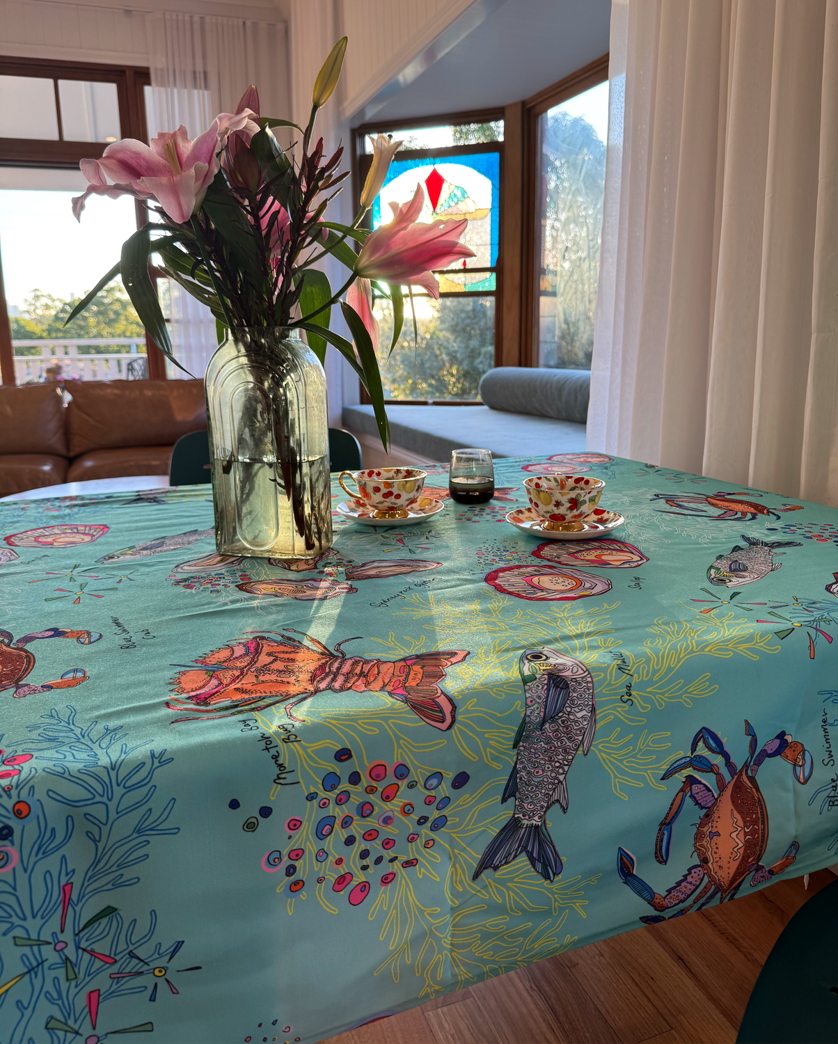 Le Fishy Blue cotton linen tablecloth