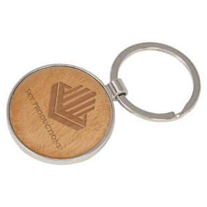 1 5/8&quot; Silver/Wood Laserable Round Keychain