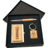 Silver/Wood Finish Gift Set with Business Card Case, Pen &amp; Keychain