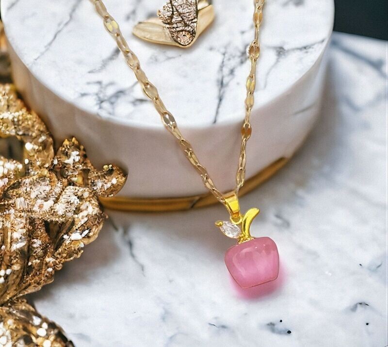 Apple Shape Cat Eye Stone/Stainless Steel Necklace