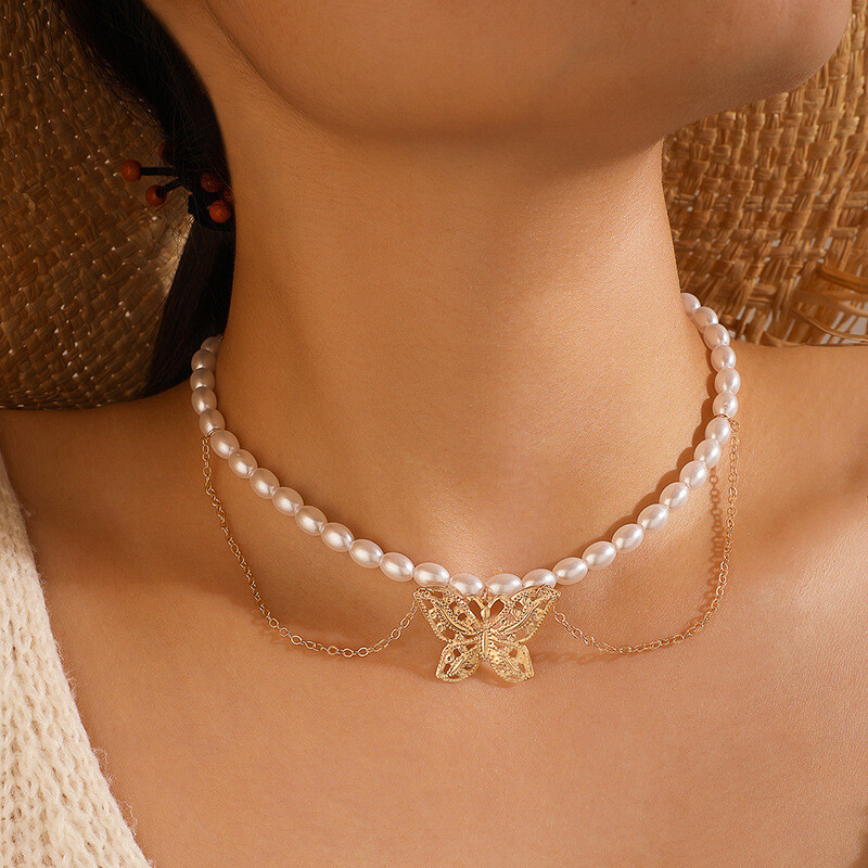 Luxury Pearl Double butterfly Necklace