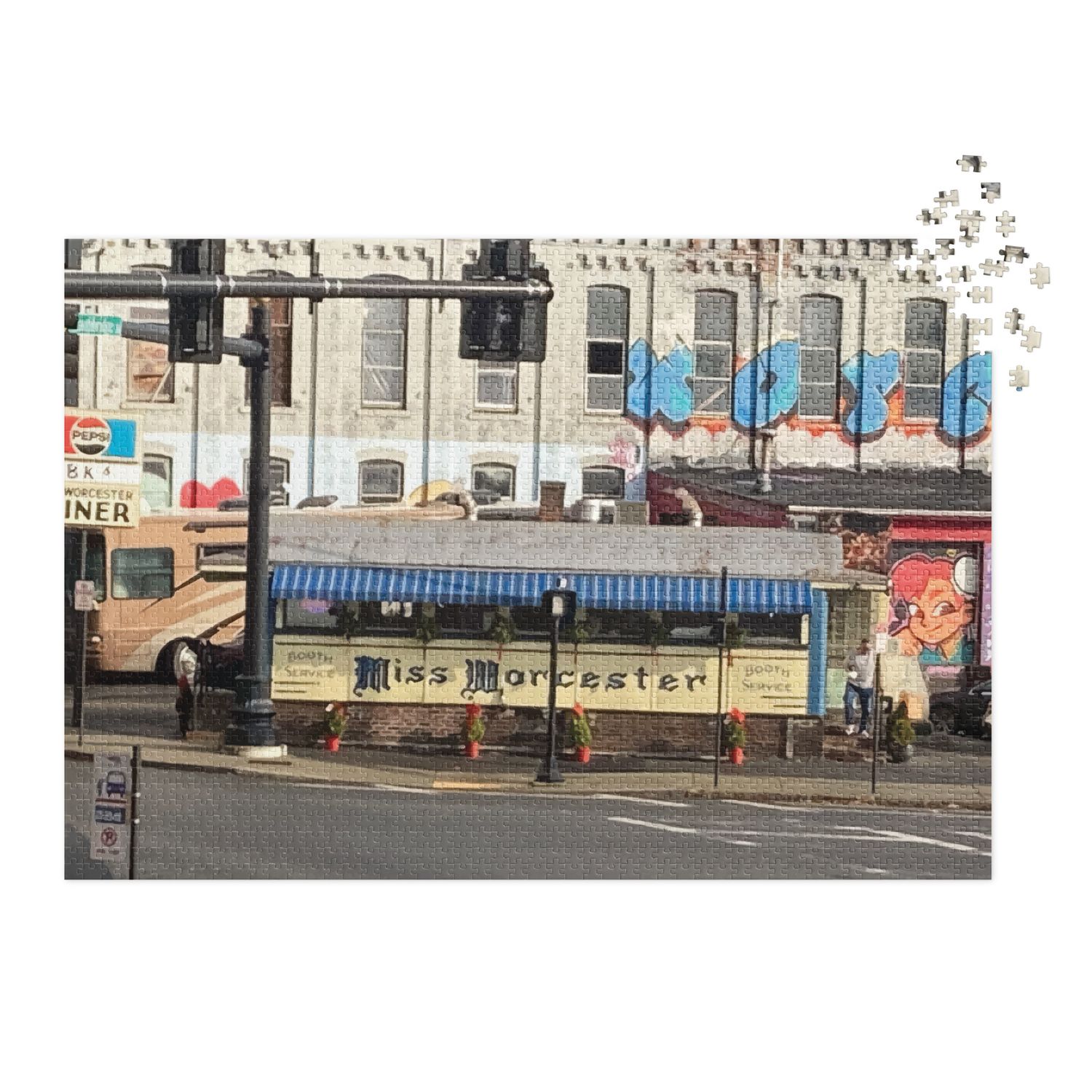 Outside Miss Worcester Jigsaw puzzle with tin