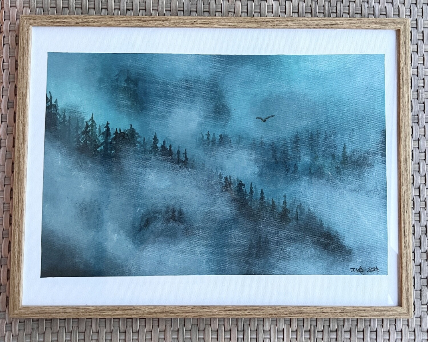 SOLD Eagle in misty forest - in glass frame
