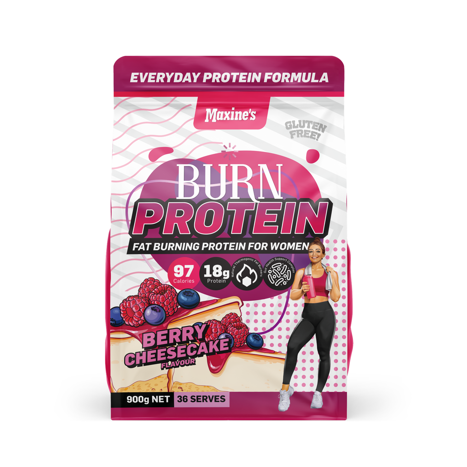 Maxine&#39;s Burn Protein, Flavours: Berry Cheesecake, Size: 900G