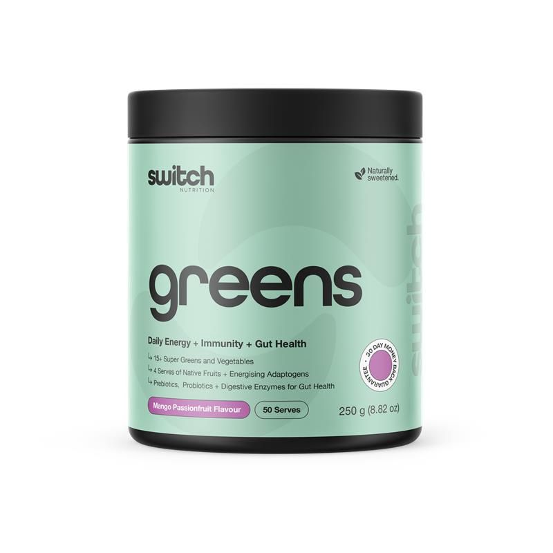 Switch Greens >  Daily Energy + Immunity + Gut Health, Flavours: Mango Passionfruit, Size: 50S
