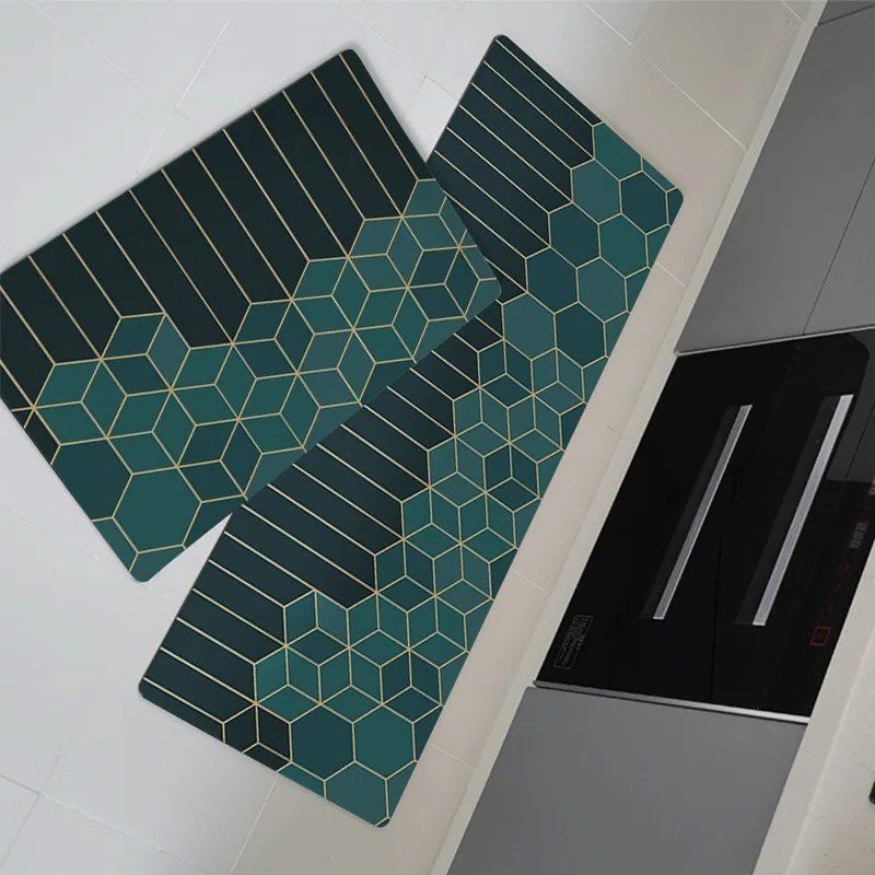 Light Green 2 Pieces Printed Kitchen Floor Mats
