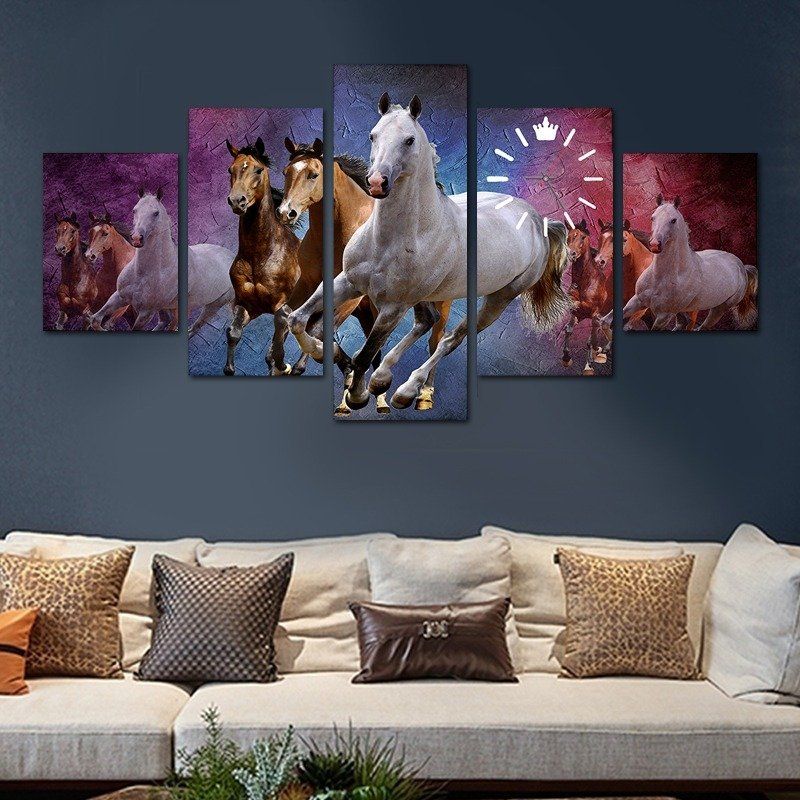 Luxury horse canvas wall art &amp;amp; clock on wooden frame