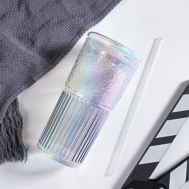 Borosilicate All Glass Iridescent Tumbler With A Straw