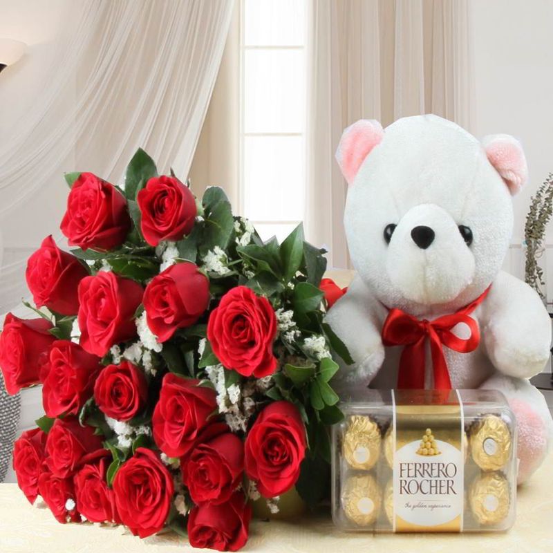 Valentines Day Teddy Bear WIith Ferrero Rocher Chocolate And Roses Bouquet Gift Basket