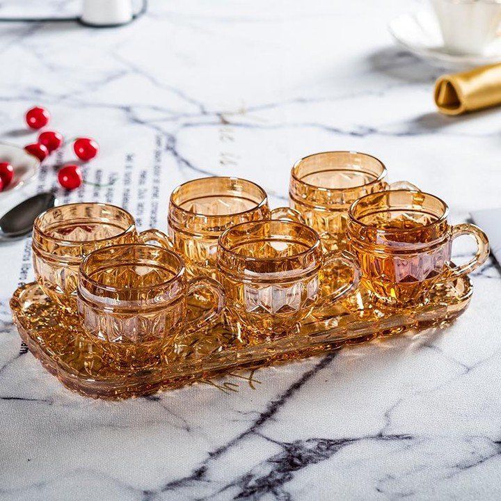 6 PCS CRYSTAL TEA/COFFEE CUPS WITH A TRAY