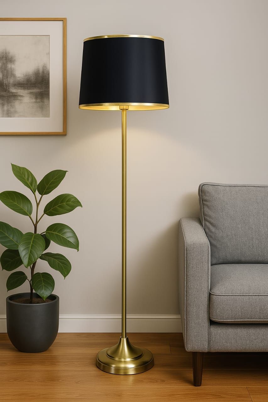 Modern Gold Finish Standard Lamp with Black Shade