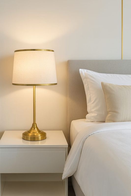 Italian-Inspired Gold Bedside Table Lamp with Cream Linen Shade