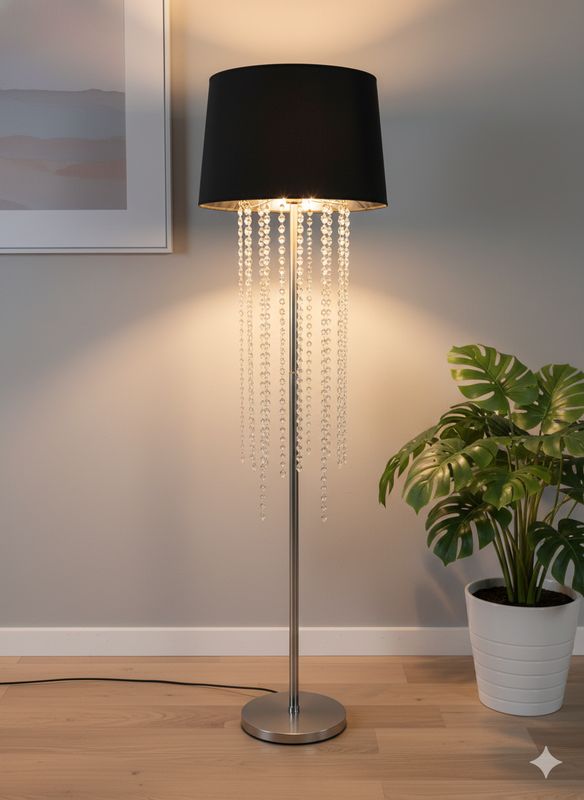 Elegant Crystal Draped Floor Lamp with Black Shade