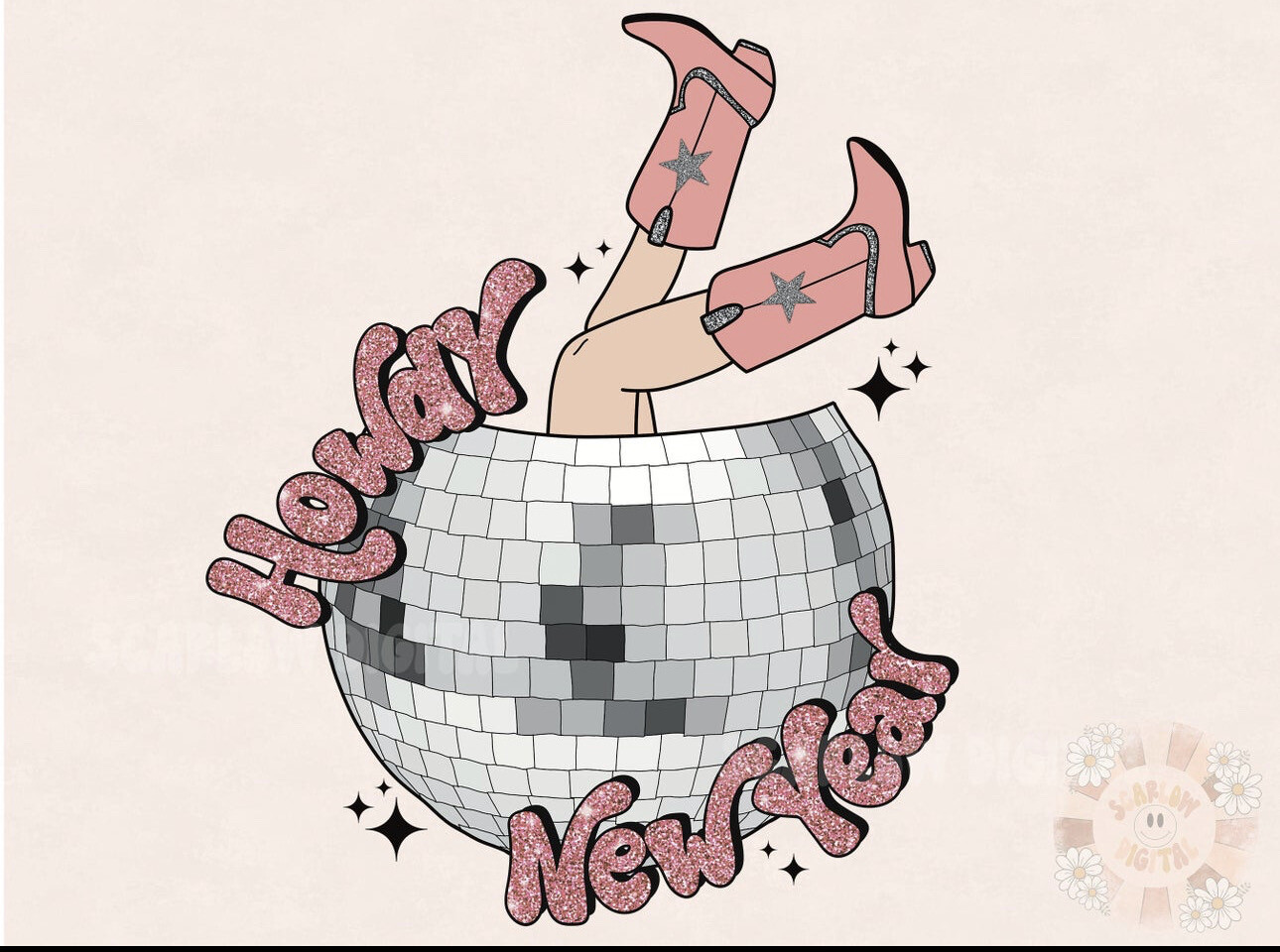 Howdy New Year Cowgirl in Disco Ball