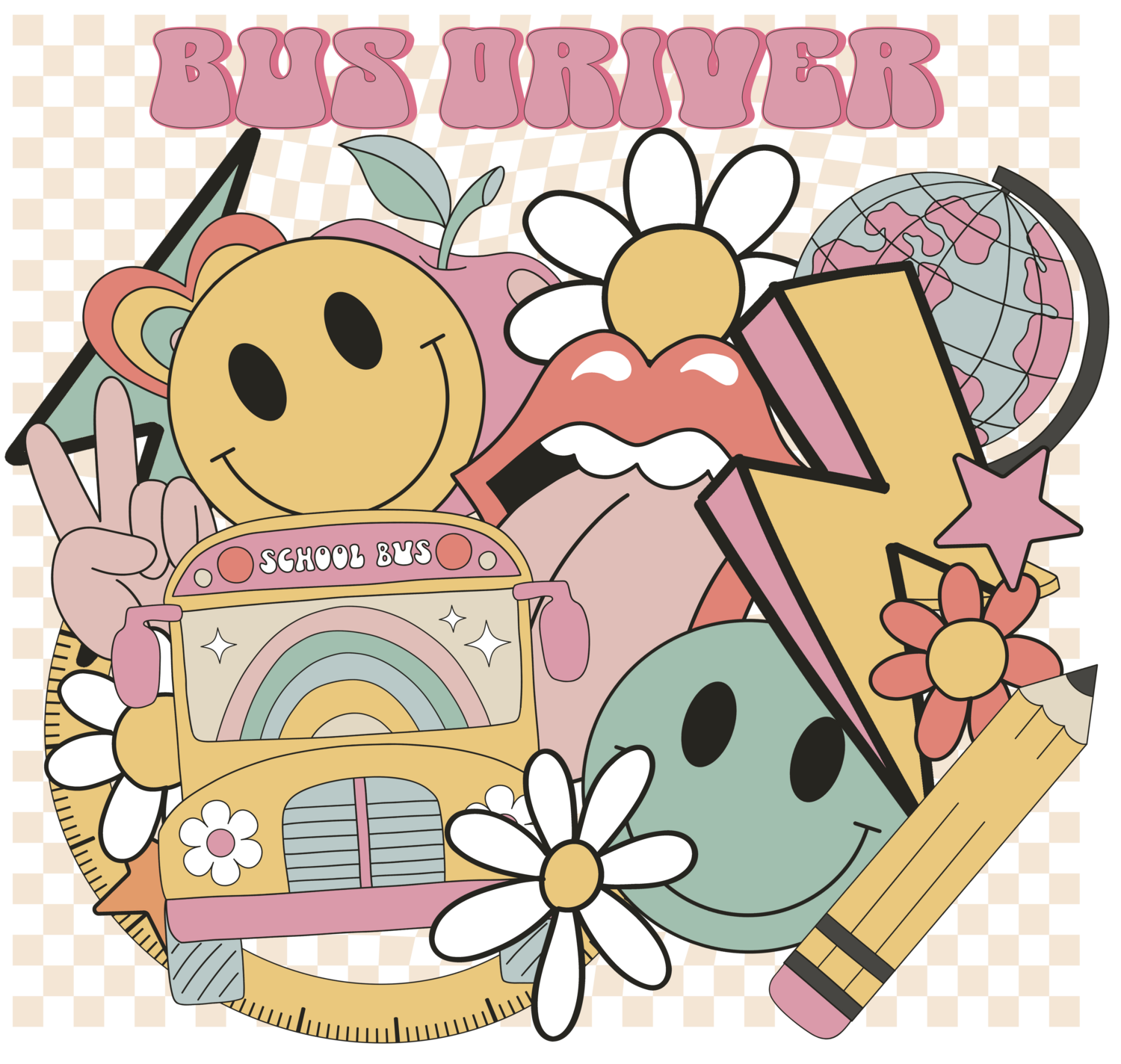 School (Bus driver, Librarian, Lunch Lady, Teacher) Occupation Collage with checkered background