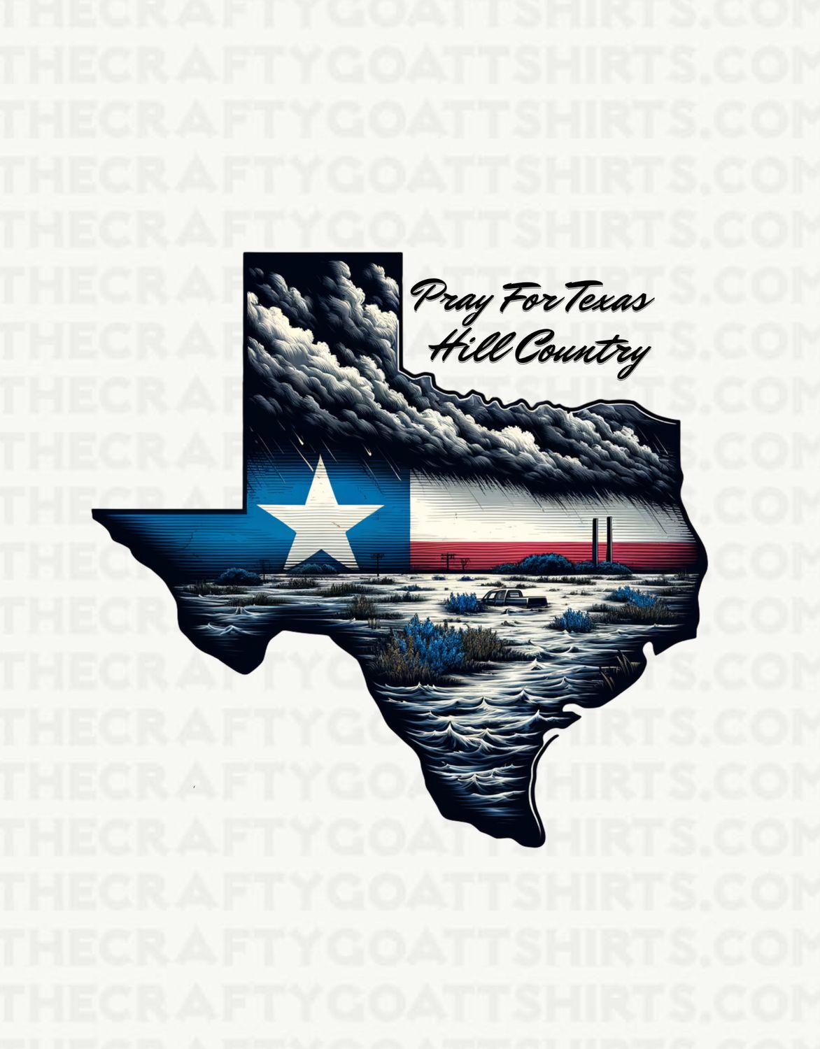 Pray for Texas Hill Country- Texas with flag and river