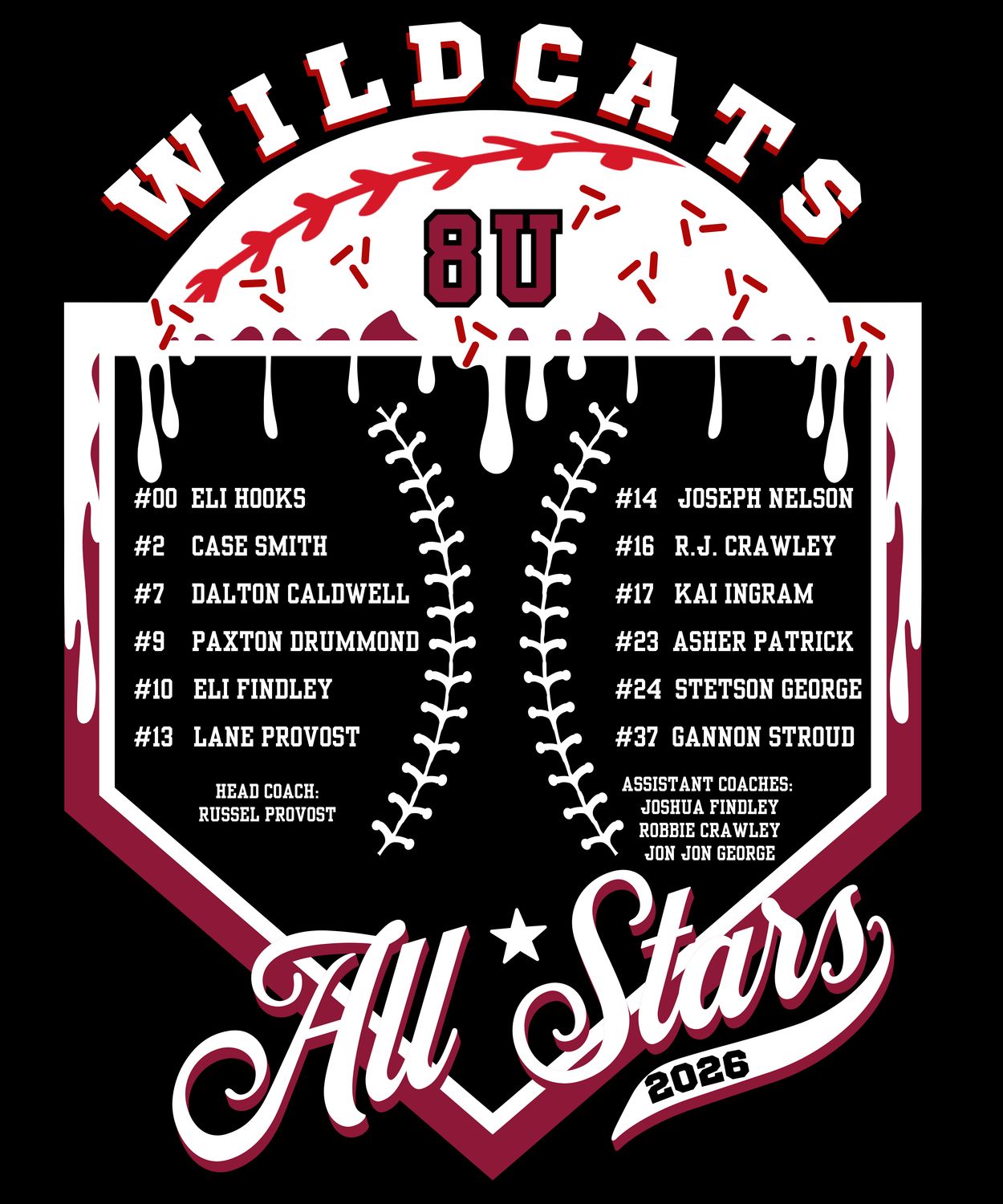 Onalaska All-Stars Baseball 8U, Front only or with back roster
