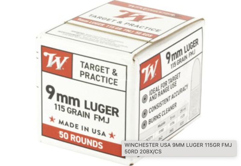 WINCHESTER USA 9MM LUGER 115GR FMJ 50RD