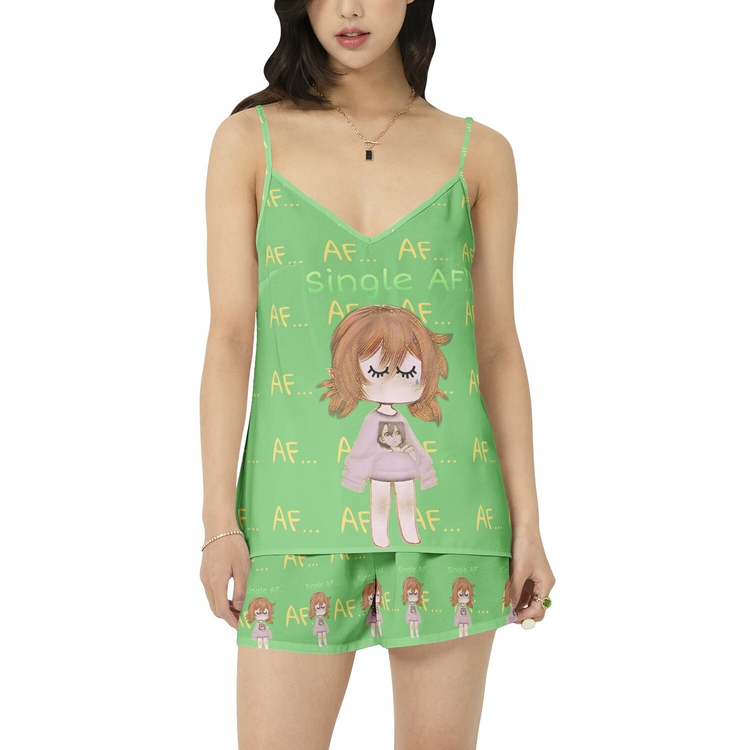 Ladies Pajama Set Green Cami Strap Pj Set