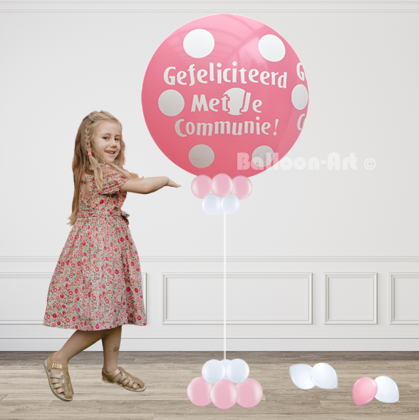 Reuzenballon Communie Zwevend, Kleur: Rose Polca dots