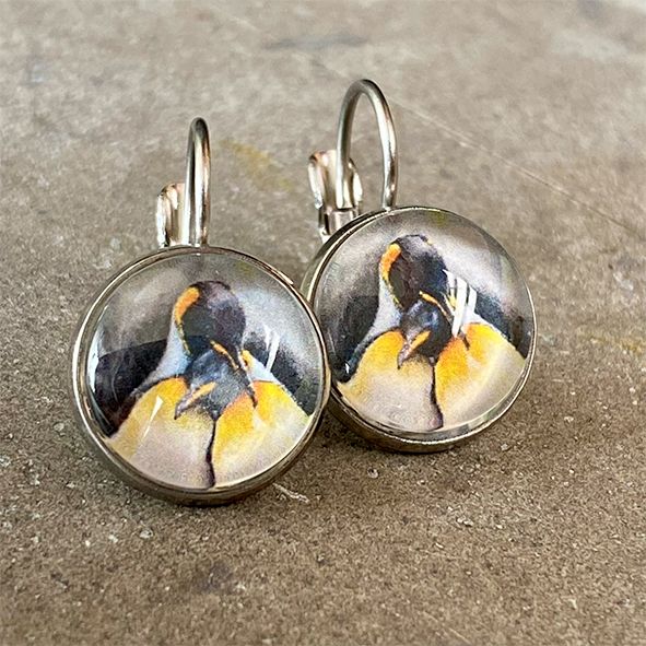 Oorbellen, Kies uit:: pinguins, model: zilverkleurige korte hanger, afmeting: Ø 12mm