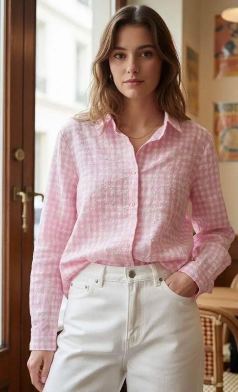 Geruite blouse met roze en gebroken wit