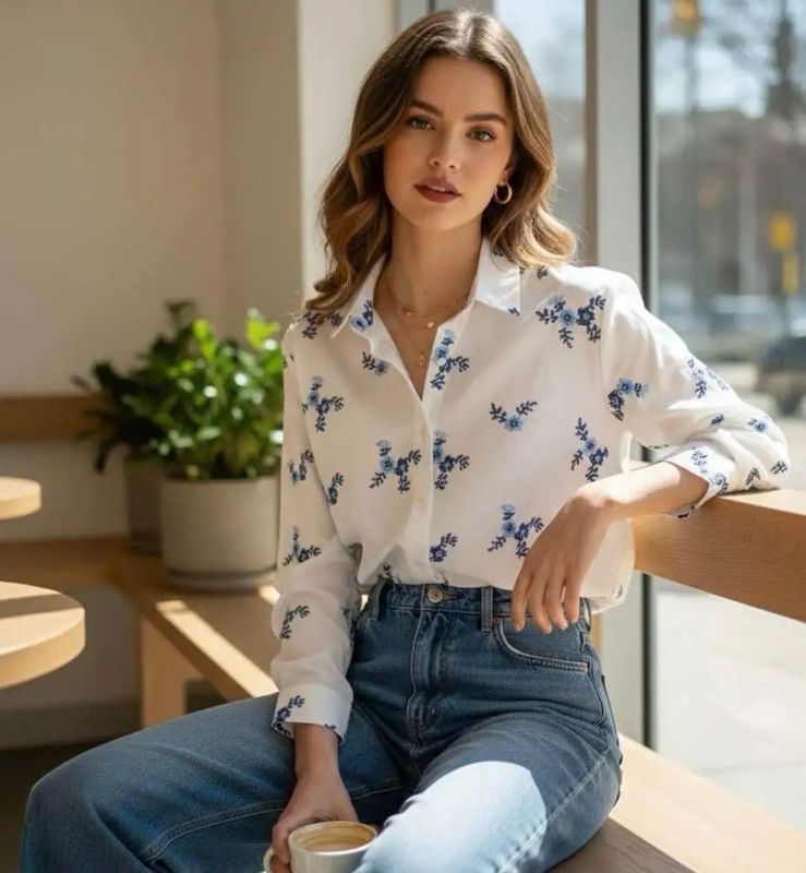 Blouse met blauw borduursel