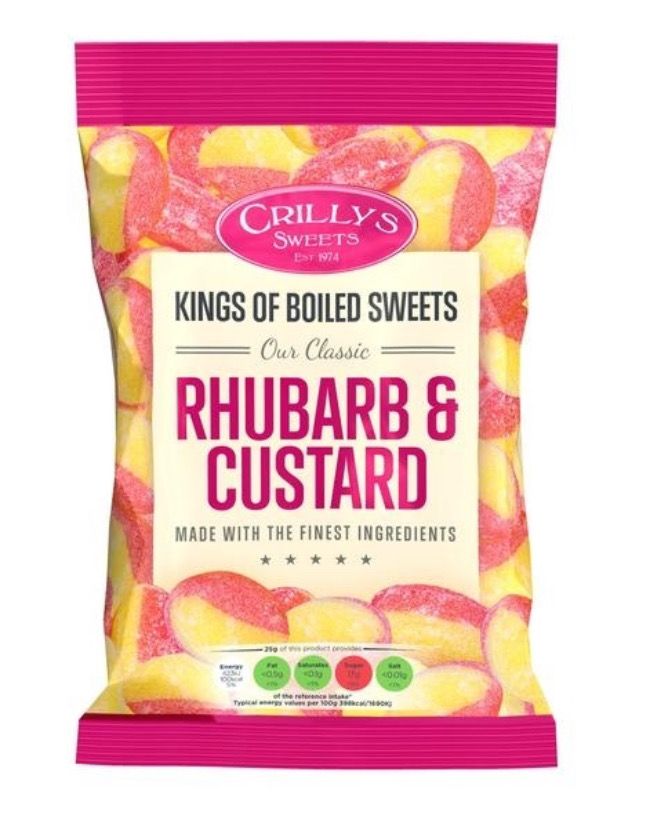 2 For £1.50 Crillys Rhubarb&amp;Custard Boiled Sweets BBE 06/24