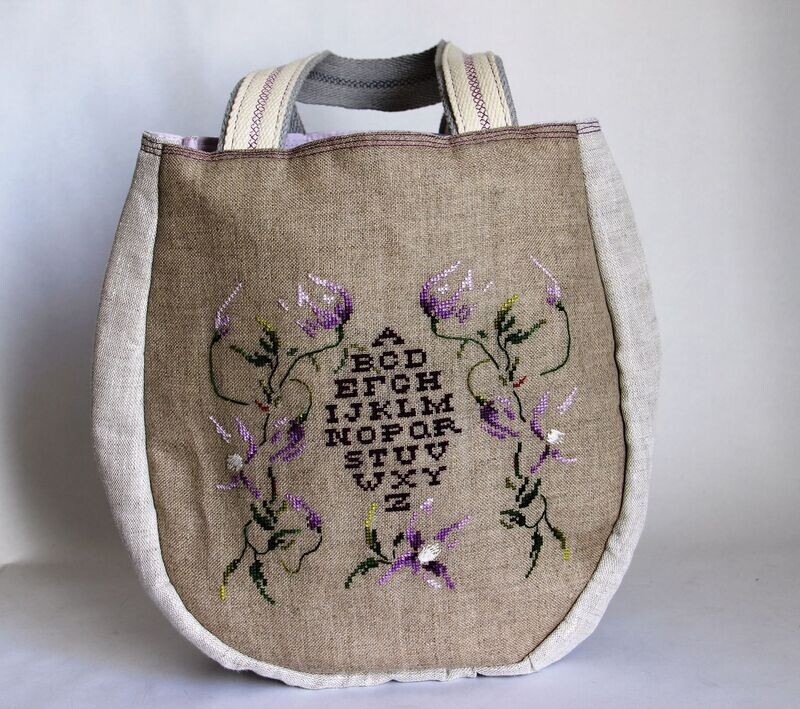 Sac à main en tissus, brodé abécédaire fleuri