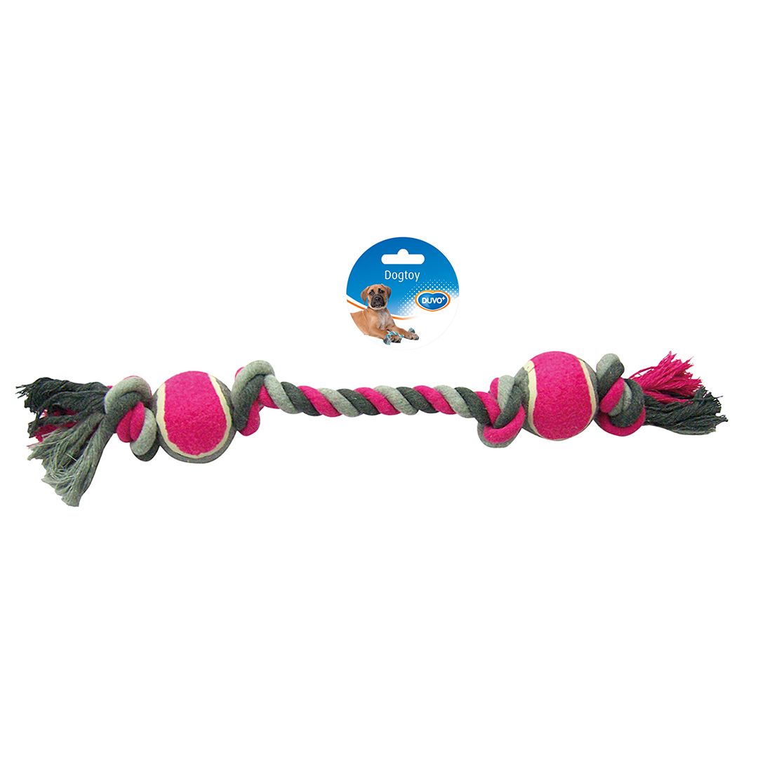 Knoop katoen met 4 knopen &amp; 2 tennisballen grijs/roze