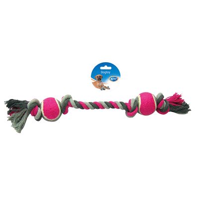 Knoop katoen met 4 knopen &amp; 2 tennisballen grijs/roze
