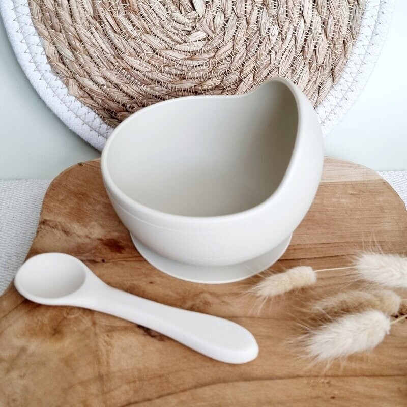 Siliconen kom met zuignap en lepel - Beige