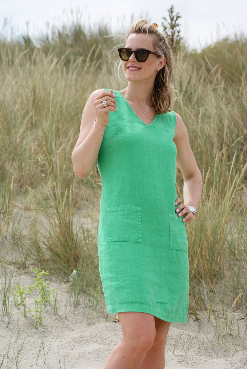 Eline Linnen kleed MET mouw, kleur: Groen, maat: 36