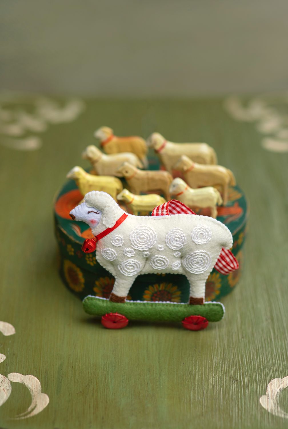 Sheep on wheels handmade felt decoration