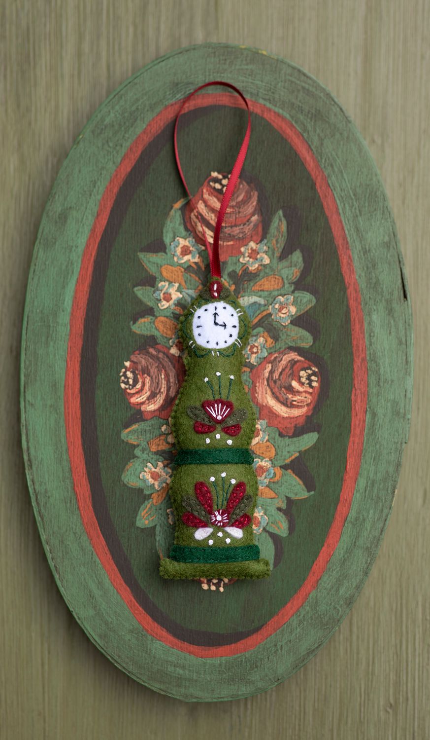 Olive Green Mora Clock handmade felt decoration