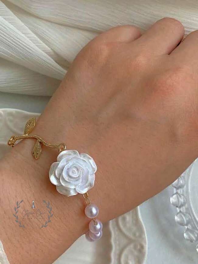 Rose and Pearl Bracelet | Rose Bracelet | Work Wear Jewellery | Aesthetic Jewellery | Minimal Style Bracelet, Color: White