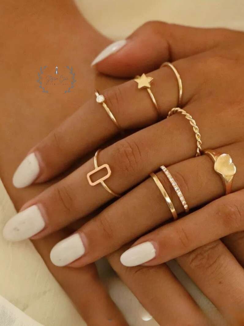 8 pc Gold Crystal Stone Boho Geometric Ring Set – glorifyjewelry